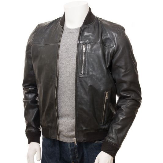 MEN'S BLACK LEATHER BOMBER JACKET: BRASHER