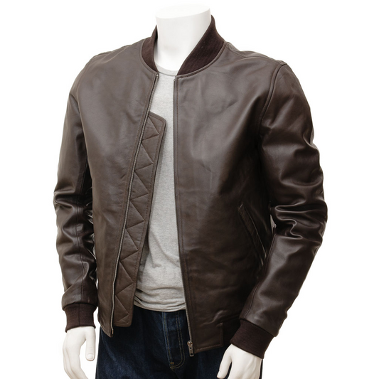 MEN'S BROWN LEATHER BOMBER JACKET: BRIGHTON