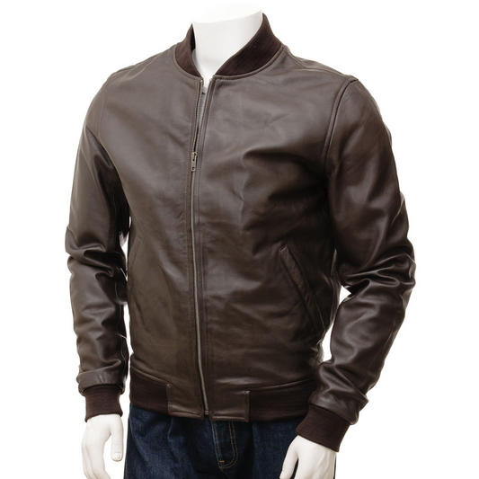 MEN'S BROWN LEATHER BOMBER JACKET: BRIGHTON