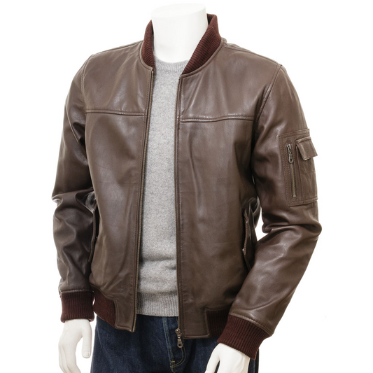 MEN'S BROWN LEATHER BOMBER JACKET: BRISTOL