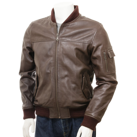 MEN'S BROWN LEATHER BOMBER JACKET: BRISTOL