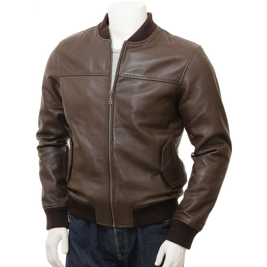 MEN'S BROWN LEATHER BOMBER JACKET: BROWNVILLE