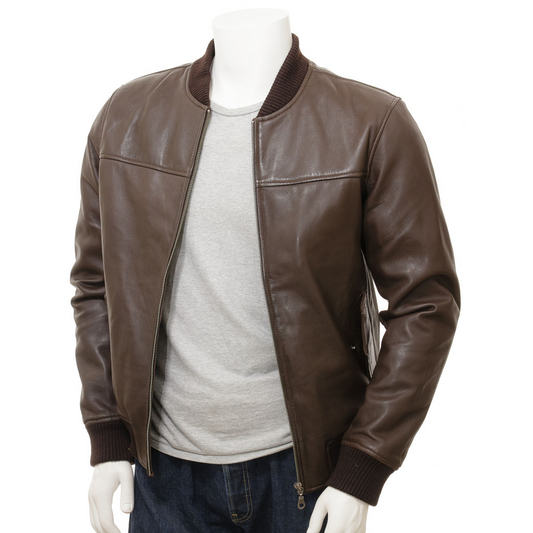 MEN'S BROWN LEATHER BOMBER JACKET: BROWNVILLE