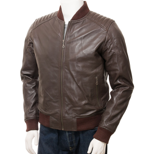 MEN'S BROWN LEATHER BOMBER JACKET: BRUTUS