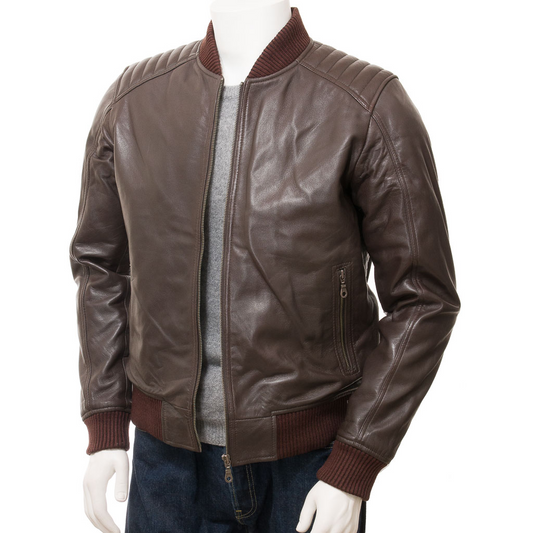 MEN'S BROWN LEATHER BOMBER JACKET: BRUTUS