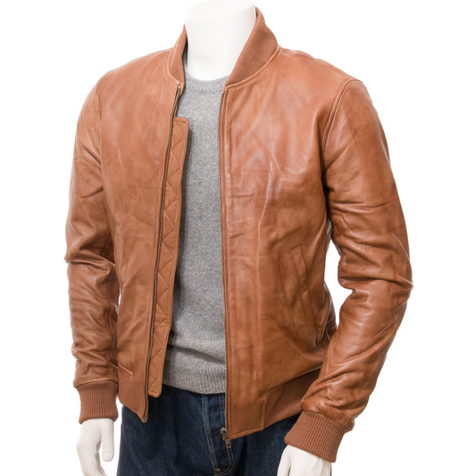 MEN'S TAN LEATHER BOMBER JACKET: BURKE