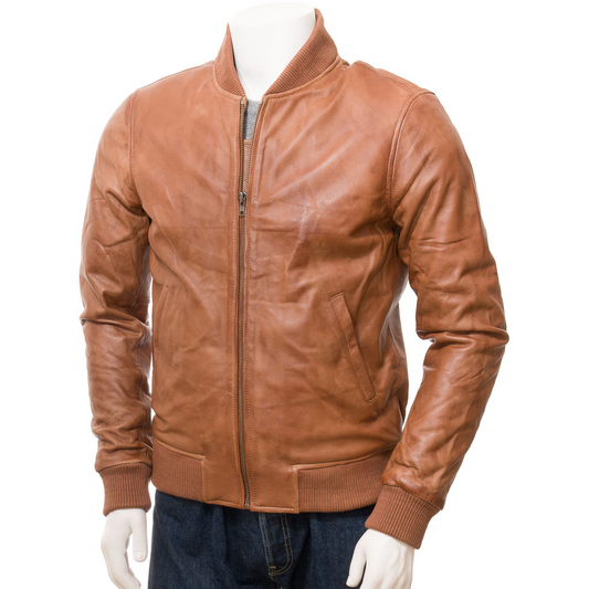 MEN'S TAN LEATHER BOMBER JACKET: BURKE