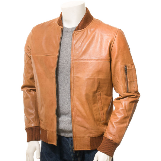 MEN'S TAN LEATHER BOMBER JACKET: BURNS