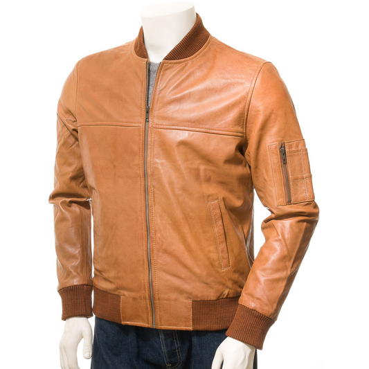 MEN'S TAN LEATHER BOMBER JACKET: BURNS