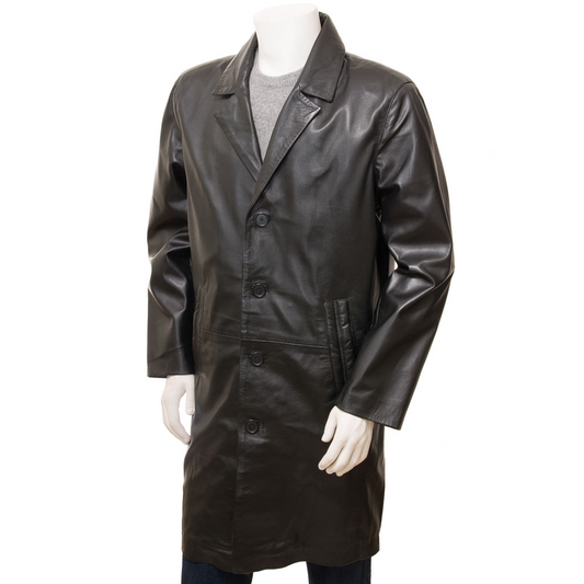 MEN'S CLASSIC BLACK LEATHER OVERCOAT: CAMBRIDGE