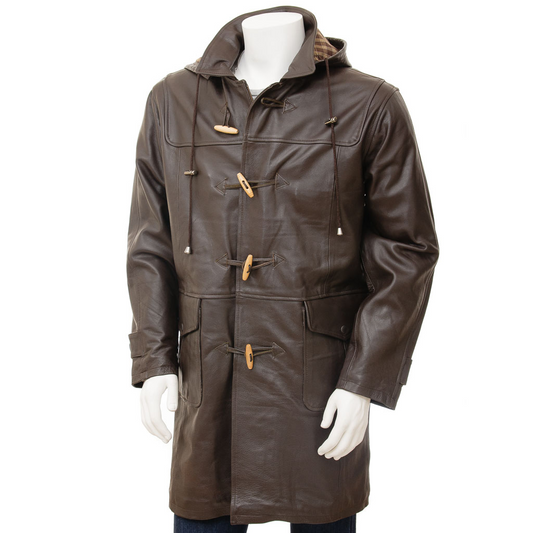 MEN'S LEATHER DUFFLE COAT IN BROWN: CAMILLUS