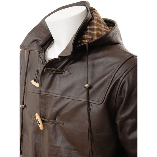 MEN'S LEATHER DUFFLE COAT IN BROWN: CAMILLUS