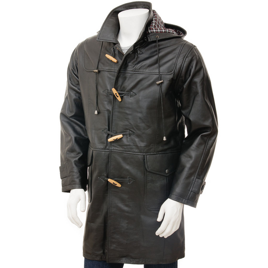 MEN'S LEATHER DUFFLE COAT IN BLACK: CAMILLUS