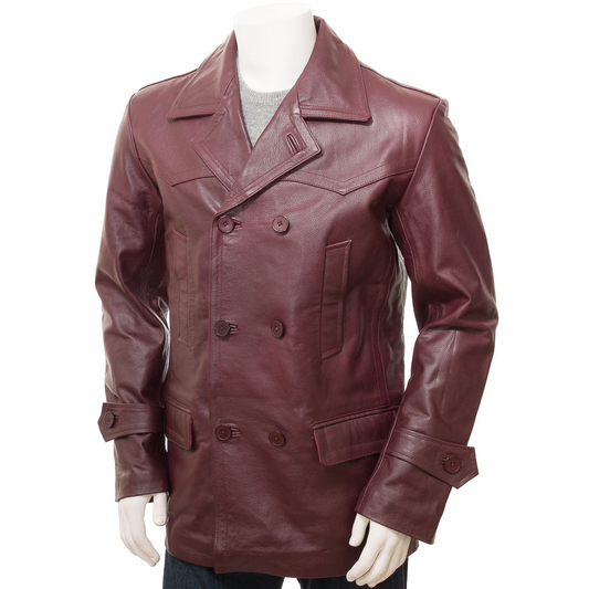 MEN'S BURGUNDY LEATHER PEACOAT: CANTON