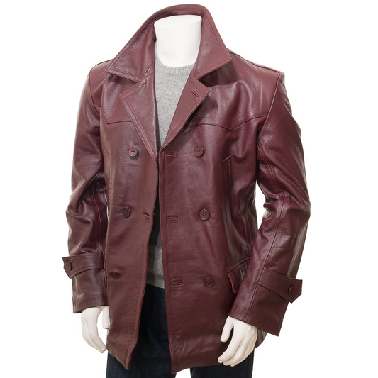 MEN'S BURGUNDY LEATHER PEACOAT: CANTON