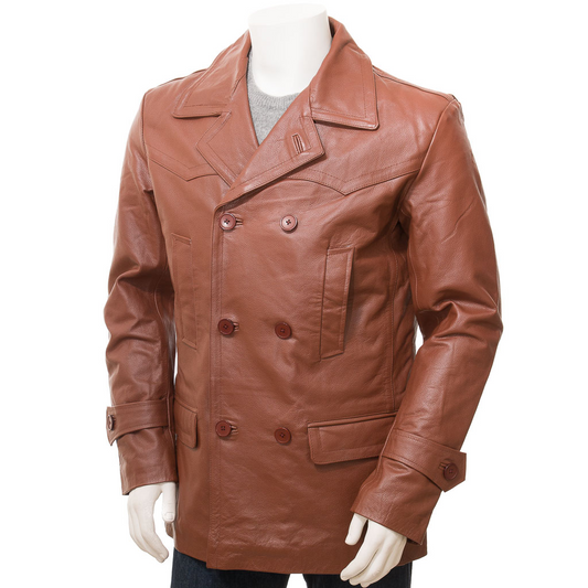 MEN'S CLASSIC TAN LEATHER PEACOAT: CANTON