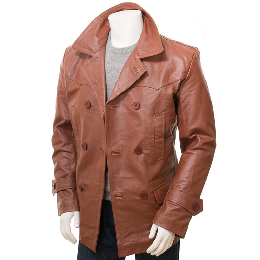 MEN'S CLASSIC TAN LEATHER PEACOAT: CANTON