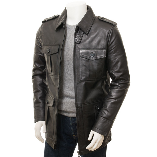 MEN'S CLASSIC BLACK LEATHER COAT: CARROLL