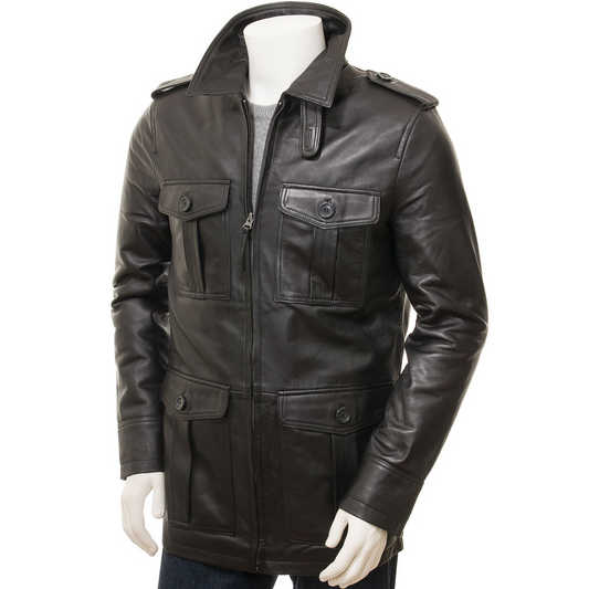 MEN'S CLASSIC BLACK LEATHER COAT: CARROLL