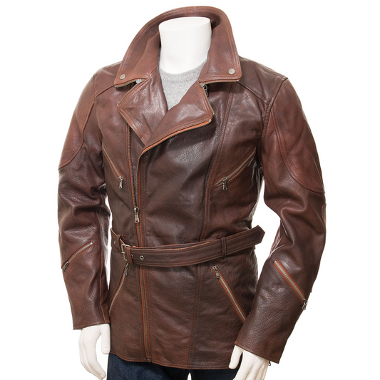 MEN'S BLACK BELTED LEATHER JACKET COAT: HARFORD