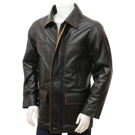 MEN'S CLASSIC BLACK LEATHER COAT: CATON