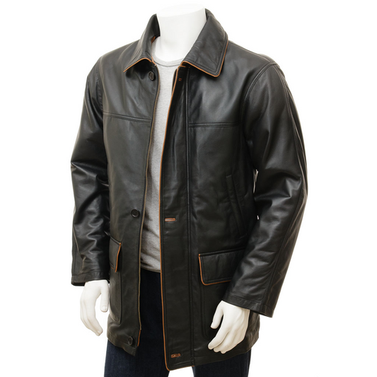 MEN'S CLASSIC BLACK LEATHER COAT: CATON