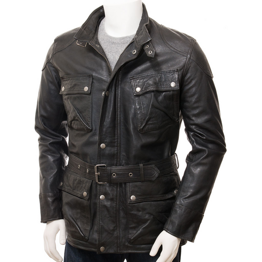 MEN'S BLACK LEATHER JACKET COAT: CHAZY