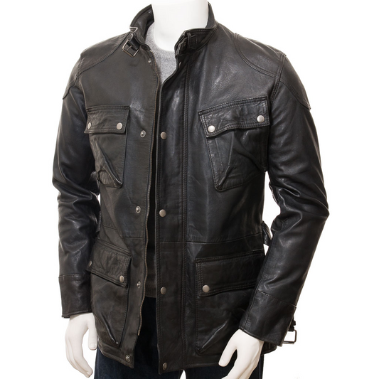 MEN'S BLACK LEATHER JACKET COAT: CHAZY