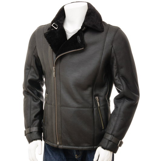 MEN'S SHEEPSKIN BIKER JACKET IN BLACK: EASTON