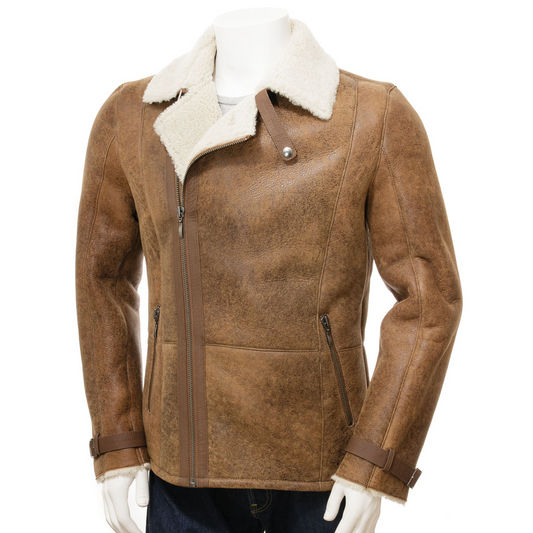 MEN'S SHEEPSKIN BIKER JACKET IN TAN: EASTON