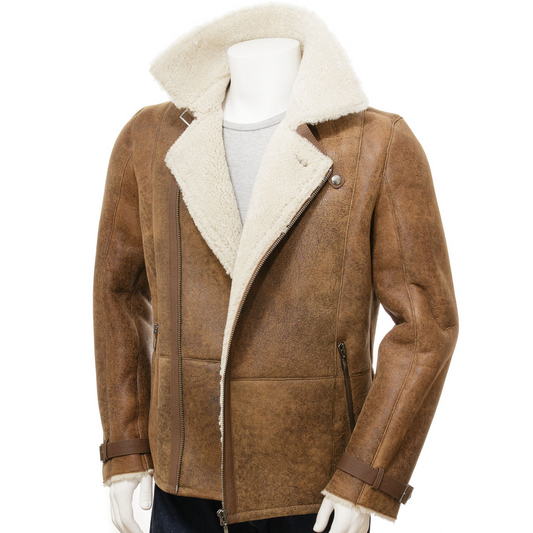 MEN'S SHEEPSKIN BIKER JACKET IN TAN: EASTON