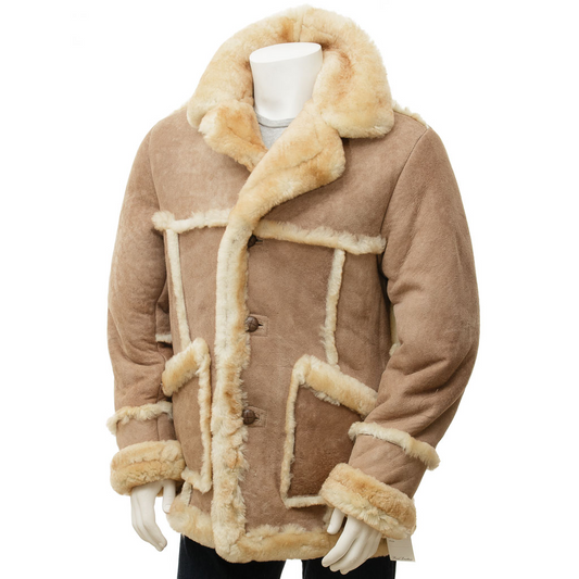 MEN'S SAND SHEEPSKIN SHEARLING COAT: EATON