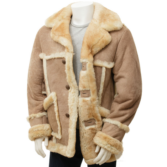 MEN'S SAND SHEEPSKIN SHEARLING COAT: EATON