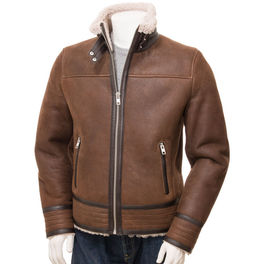 MEN'S BROWN SHEEPSKIN BIKER JACKET: EDEN