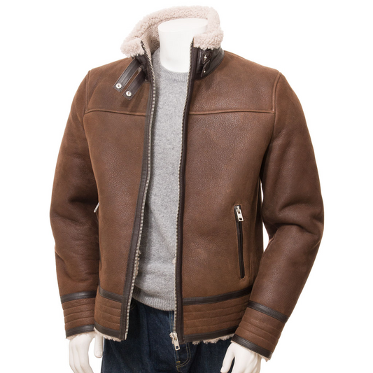 MEN'S BROWN SHEEPSKIN BIKER JACKET: EDEN