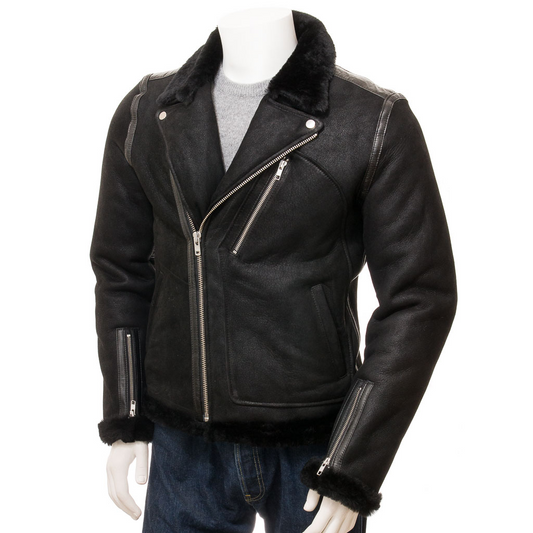 MEN'S BLACK SHEARLING BIKER JACKET: ELLENBURG