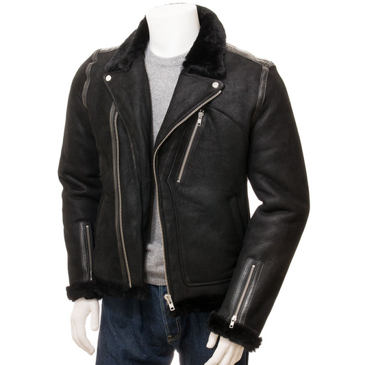 MEN'S BLACK SHEARLING BIKER JACKET: ELLENBURG