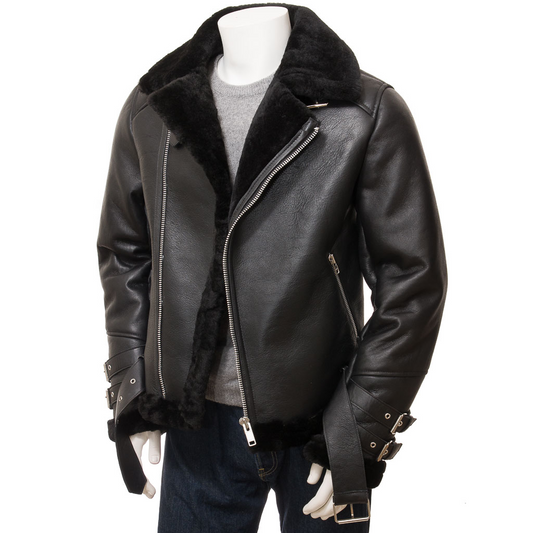 MEN'S BLACK SHEARLING BIKER JACKET: ELLINGTON