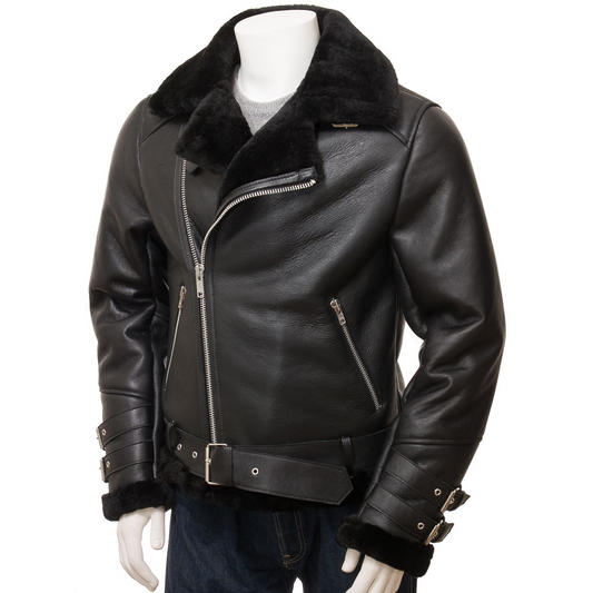 MEN'S BLACK SHEARLING BIKER JACKET: ELLINGTON