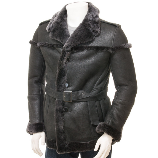 MEN'S BLACK SHEEPSKIN SHEARLING COAT: ERWIN