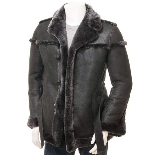 MEN'S BLACK SHEEPSKIN SHEARLING COAT: ERWIN