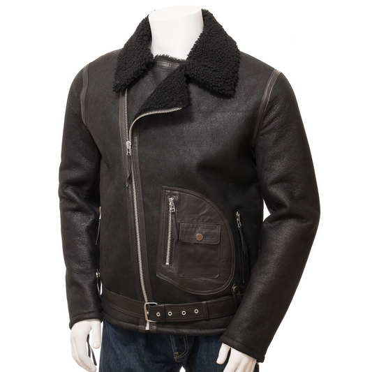 MEN'S BLACK SHEEPSKIN BIKER JACKET: EVANS