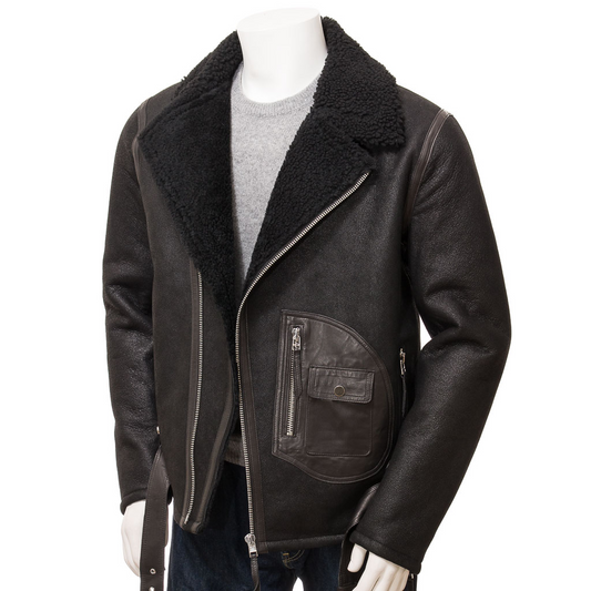 MEN'S BLACK SHEEPSKIN BIKER JACKET: EVANS