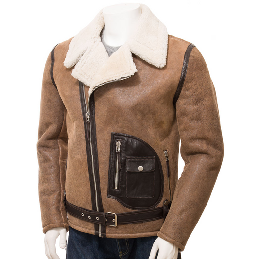 MEN'S BROWN SHEEPSKIN BIKER JACKET: EVANS