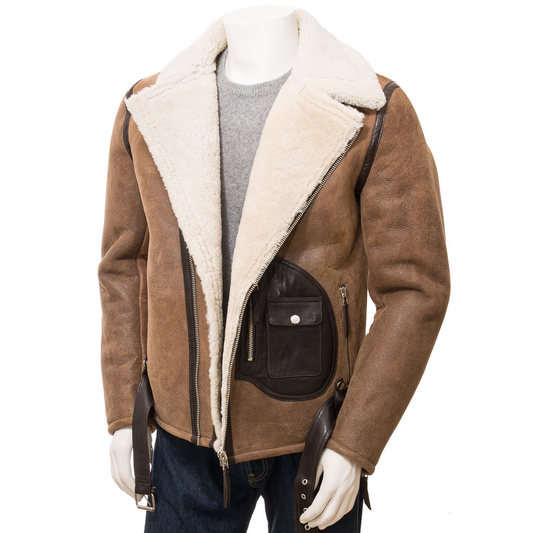 MEN'S BROWN SHEEPSKIN BIKER JACKET: EVANS