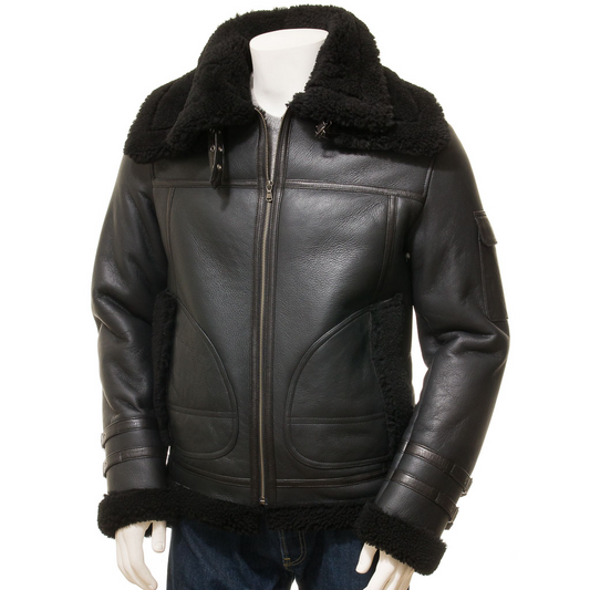 MEN'S BLACK SHEEPSKIN BOMBER JACKET: FAIRFIELD