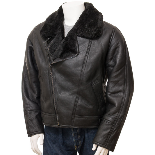 MEN'S BLACK SHEEPSKIN FLYING JACKET: FALLSBURG