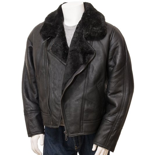 MEN'S BLACK SHEEPSKIN FLYING JACKET: FALLSBURG