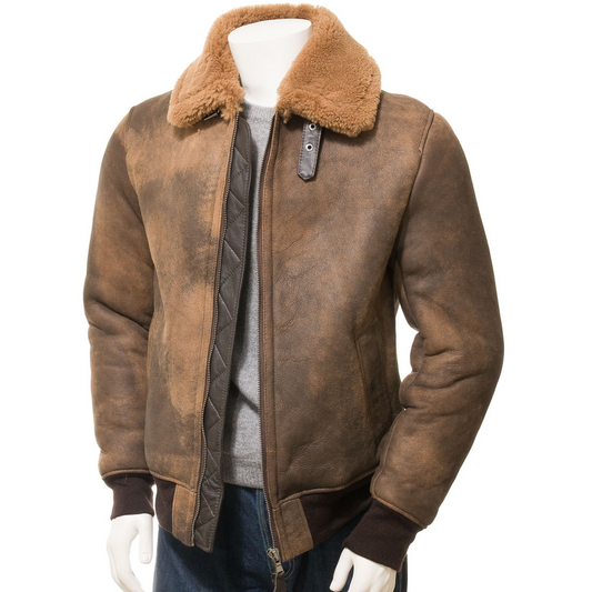 MEN'S BROWN SHEEPSKIN BOMBER JACKET: FENNER