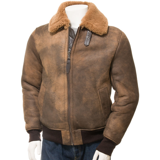 MEN'S BROWN SHEEPSKIN BOMBER JACKET: FENNER